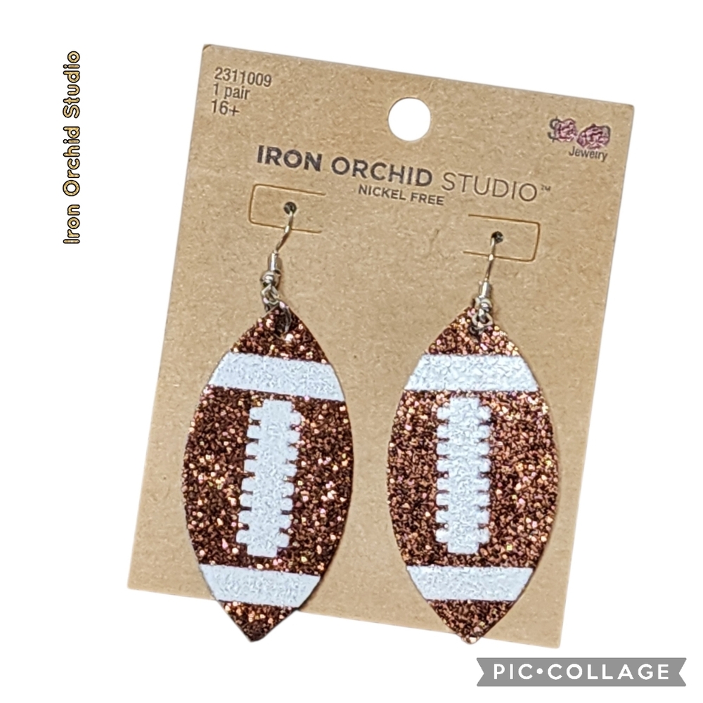 Earrings pierced football both sides brown & white sparkle glitter